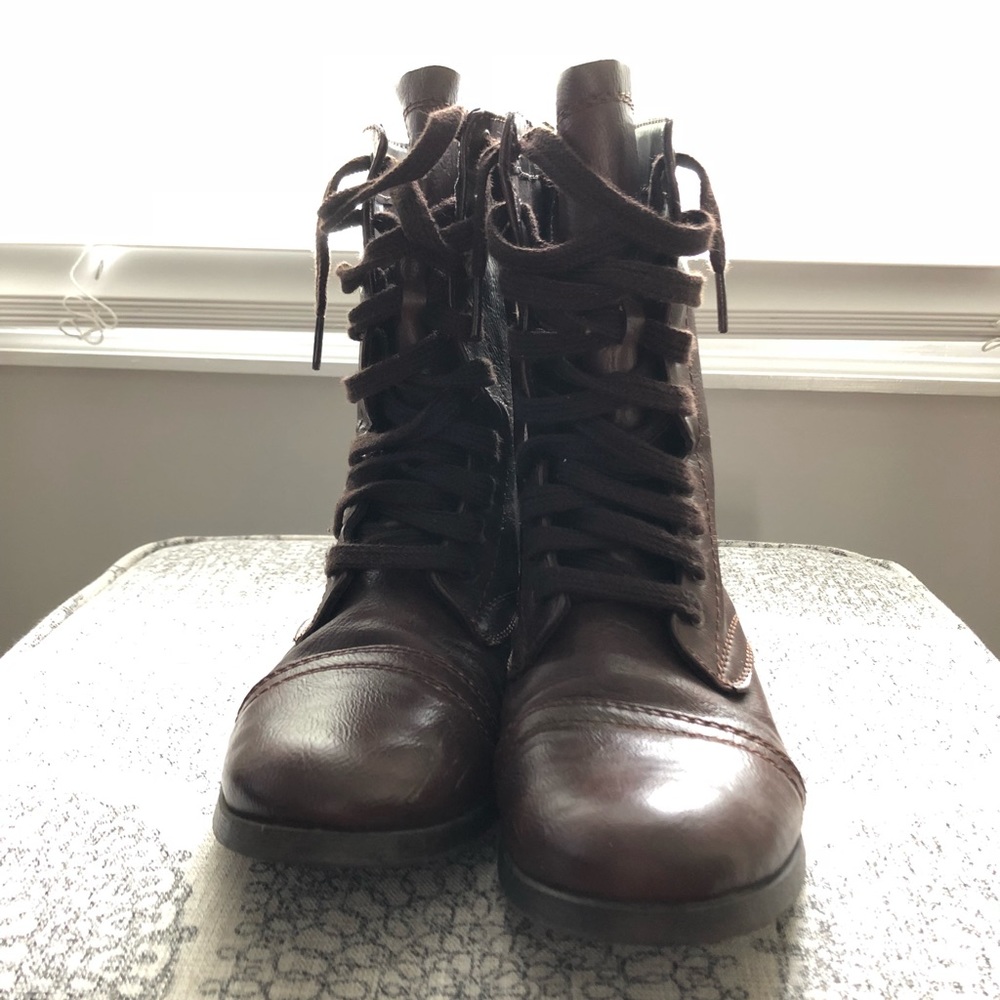 High Top Brown Leather Combat Boots - 9